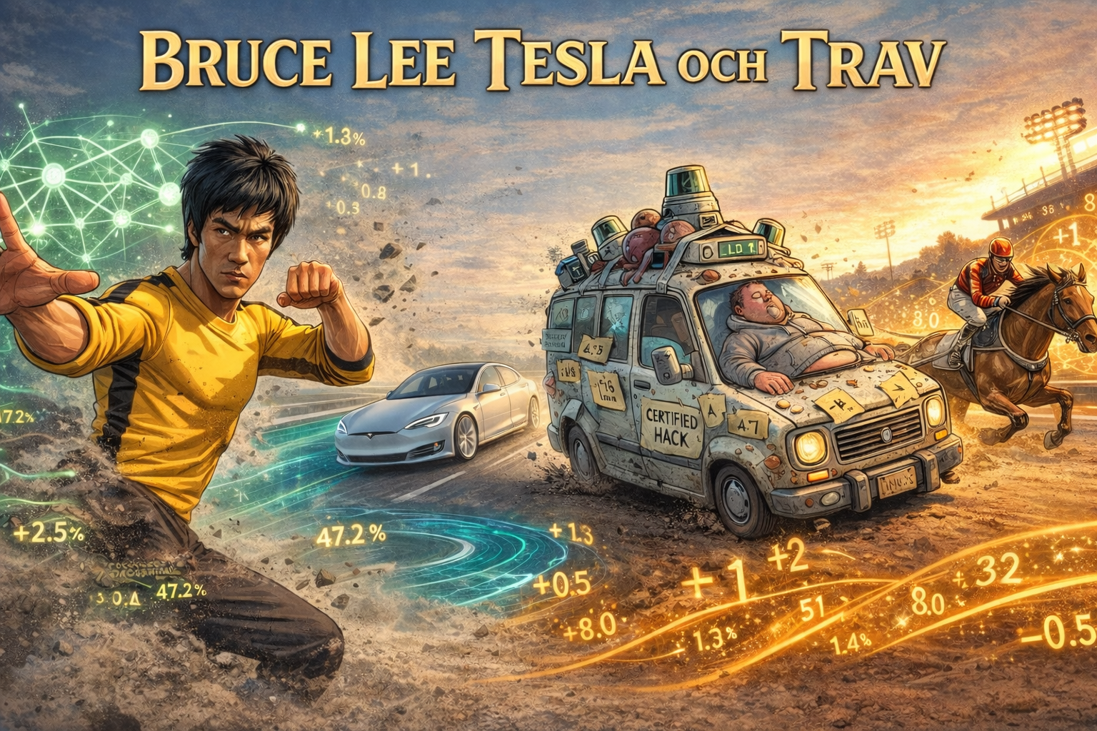 Bruce Lee, en Tesla, en sensort&auml;ckt skrotbil och en travh&auml;st &mdash; artikelns tre tr&aring;dar