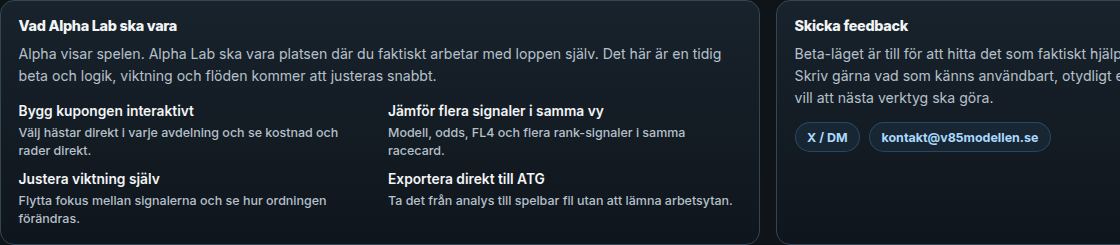 Alpha Lab med information om beta-arbetsytan